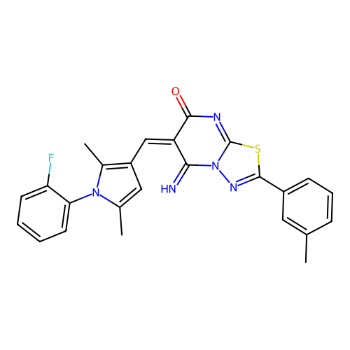(E)-6-((1-(2-fluorophenyl)-2,5-dimethyl-1H-pyrrol-3-yl)methylene)-5-imino-2-(m-tolyl)-5H-[1,3,4]thiadiazolo[3,2-a]pyrimidin-7(6H)-one structure