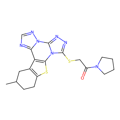 2-((12-methyl-10,11,12,13-tetrahydrobenzo[4,5]thieno[3,2-e]bis([1,2,4]triazolo)[4,3-a:1',5'-c]pyrimidin-7-yl)thio)-1-(pyrrolidin-1-yl)ethanone structure