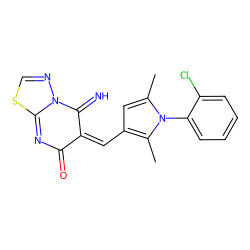 (E)-6-((1-(2-chlorophenyl)-2,5-dimethyl-1H-pyrrol-3-yl)methylene)-5-imino-5H-[1,3,4]thiadiazolo[3,2-a]pyrimidin-7(6H)-one structure