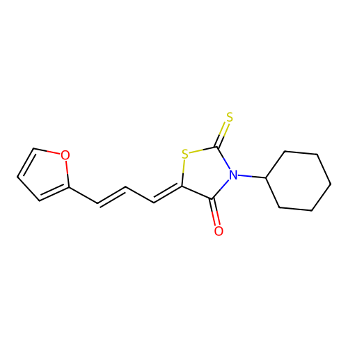 (Z)-3-cyclohexyl-5-((E)-3-(furan-2-yl)allylidene)-2-thioxothiazolidin-4-one structure