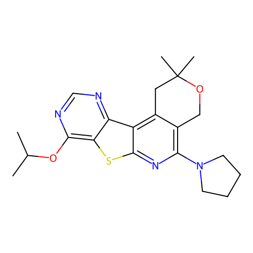 2,2-dimethyl-8-(propan-2-yloxy)-5-(pyrrolidin-1-yl)-1,4-dihydro-2H-pyrano[4'',3'':4',5']pyrido[3',2':4,5]thieno[3,2-d]pyrimidine structure