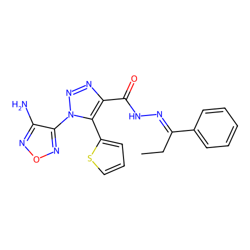 (E)-1-(4-amino-1,2,5-oxadiazol-3-yl)-N'-(1-phenylpropylidene)-5-(thiophen-2-yl)-1H-1,2,3-triazole-4-carbohydrazide structure