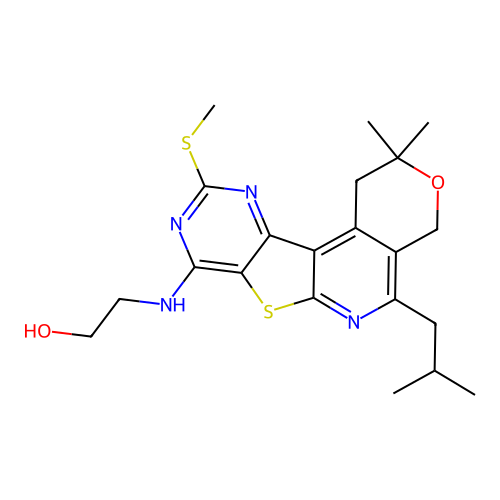2-((5-isobutyl-2,2-dimethyl-10-(methylthio)-2,4-dihydro-1H-pyrano[4'',3'':4',5']pyrido[3',2':4,5]thieno[3,2-d]pyrimidin-8-yl)amino)ethanol structure