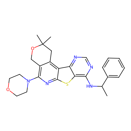 2,2-dimethyl-5-(morpholin-4-yl)-N-(1-phenylethyl)-1,4-dihydro-2H-pyrano[4'',3'':4',5']pyrido[3',2':4,5]thieno[3,2-d]pyrimidin-8-amine structure