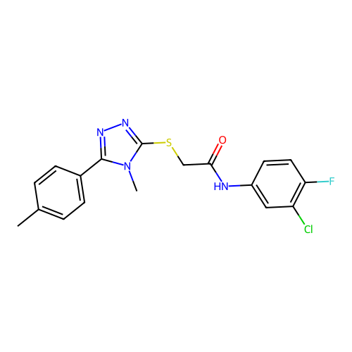 N-(3-chloro-4-fluorophenyl)-2-((4-methyl-5-(p-tolyl)-4H-1,2,4-triazol-3-yl)thio)acetamide structure