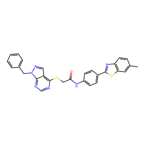 2-((1-benzyl-1H-pyrazolo[3,4-d]pyrimidin-4-yl)thio)-N-(4-(6-methylbenzo[d]thiazol-2-yl)phenyl)acetamide structure