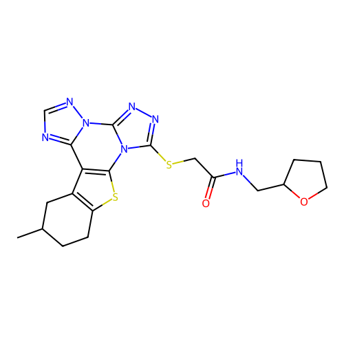 2-((12-methyl-10,11,12,13-tetrahydrobenzo[4,5]thieno[3,2-e]bis([1,2,4]triazolo)[4,3-a:1',5'-c]pyrimidin-7-yl)thio)-N-((tetrahydrofuran-2-yl)methyl)acetamide structure