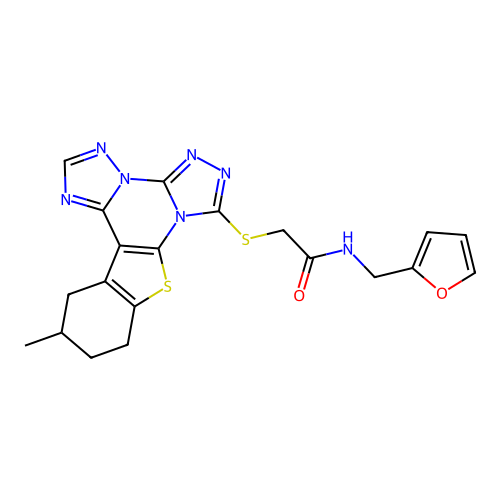 N-(furan-2-ylmethyl)-2-((12-methyl-10,11,12,13-tetrahydrobenzo[4,5]thieno[3,2-e]bis([1,2,4]triazolo)[4,3-a:1',5'-c]pyrimidin-7-yl)thio)acetamide structure