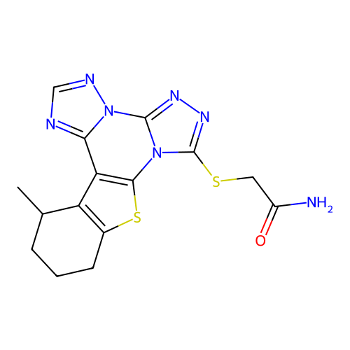 2-((13-methyl-10,11,12,13-tetrahydrobenzo[4,5]thieno[3,2-e]bis([1,2,4]triazolo)[4,3-a:1',5'-c]pyrimidin-7-yl)thio)acetamide structure