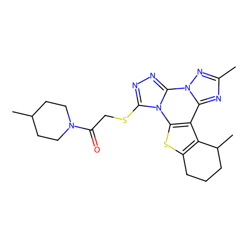 2-((2,13-dimethyl-10,11,12,13-tetrahydrobenzo[4,5]thieno[3,2-e]bis([1,2,4]triazolo)[4,3-a:1',5'-c]pyrimidin-7-yl)thio)-1-(4-methylpiperidin-1-yl)ethanone structure