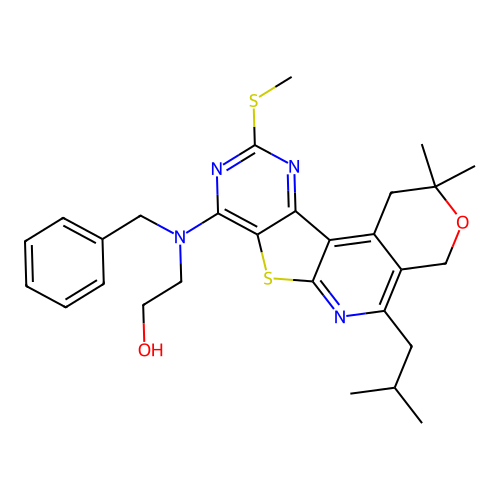2-(benzyl(5-isobutyl-2,2-dimethyl-10-(methylthio)-2,4-dihydro-1H-pyrano[4'',3'':4',5']pyrido[3',2':4,5]thieno[3,2-d]pyrimidin-8-yl)amino)ethanol structure
