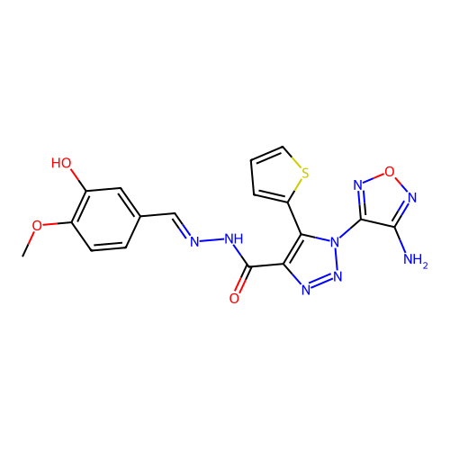 (E)-1-(4-amino-1,2,5-oxadiazol-3-yl)-N'-(3-hydroxy-4-methoxybenzylidene)-5-(thiophen-2-yl)-1H-1,2,3-triazole-4-carbohydrazide structure