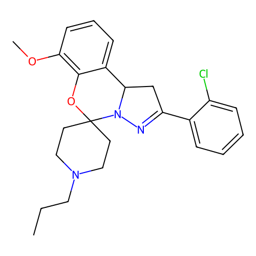 2'-(2-chlorophenyl)-7'-methoxy-1-propyl-1',10b'-dihydrospiro[piperidine-4,5'-pyrazolo[1,5-c][1,3]benzoxazine] structure