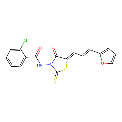 2-chloro-N-((Z)-5-((E)-3-(furan-2-yl)allylidene)-4-oxo-2-thioxothiazolidin-3-yl)benzamide structure
