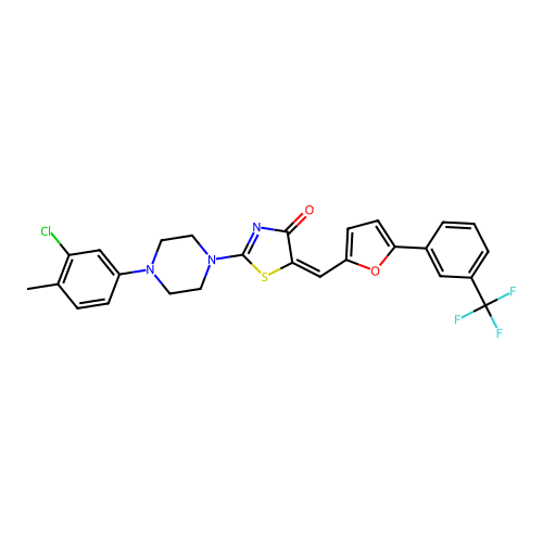 (5E)-2-[4-(3-chloro-4-methylphenyl)piperazin-1-yl]-5-({5-[3-(trifluoromethyl)phenyl]furan-2-yl}methylidene)-1,3-thiazol-4(5H)-one structure