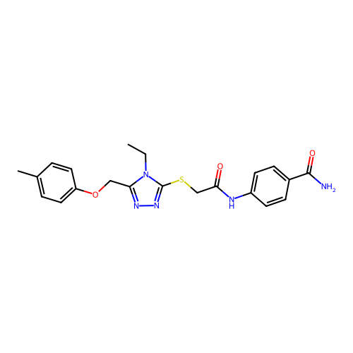 4-[[2-[[4-ethyl-5-[(4-methylphenoxy)methyl]-1,2,4-triazol-3-yl]sulfanyl]acetyl]amino]benzamide structure