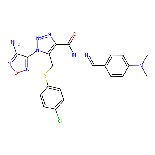 (E)-1-(4-amino-1,2,5-oxadiazol-3-yl)-5-(((4-chlorophenyl)thio)methyl)-N'-(4-(dimethylamino)benzylidene)-1H-1,2,3-triazole-4-carbohydrazide structure