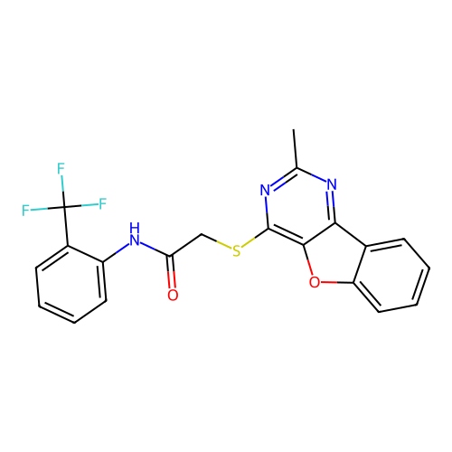 2-((2-methylbenzofuro[3,2-d]pyrimidin-4-yl)thio)-N-(2-(trifluoromethyl)phenyl)acetamide structure