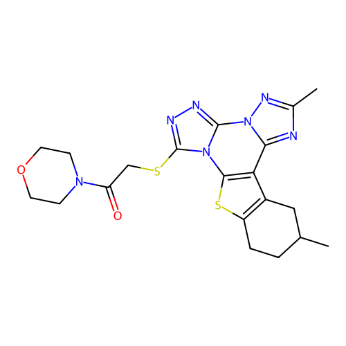 2-((2,12-dimethyl-10,11,12,13-tetrahydrobenzo[4,5]thieno[3,2-e]bis([1,2,4]triazolo)[4,3-a:1',5'-c]pyrimidin-7-yl)thio)-1-morpholinoethanone structure