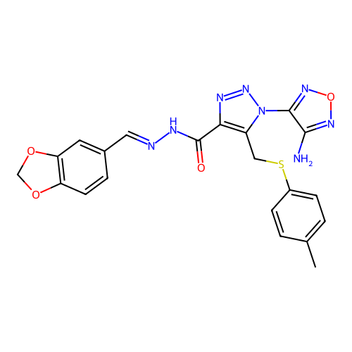 (E)-1-(4-amino-1,2,5-oxadiazol-3-yl)-N'-(benzo[d][1,3]dioxol-5-ylmethylene)-5-((p-tolylthio)methyl)-1H-1,2,3-triazole-4-carbohydrazide structure
