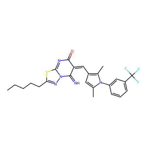 (6E)-6-({2,5-dimethyl-1-[3-(trifluoromethyl)phenyl]-1H-pyrrol-3-yl}methylidene)-5-imino-2-pentyl-5,6-dihydro-7H-[1,3,4]thiadiazolo[3,2-a]pyrimidin-7-one structure