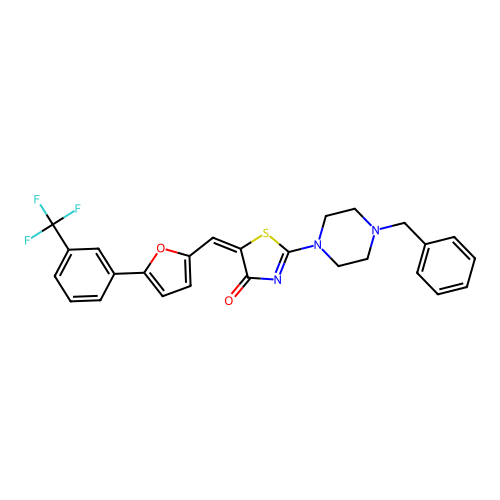 (5E)-2-(4-benzylpiperazin-1-yl)-5-({5-[3-(trifluoromethyl)phenyl]furan-2-yl}methylidene)-1,3-thiazol-4(5H)-one structure