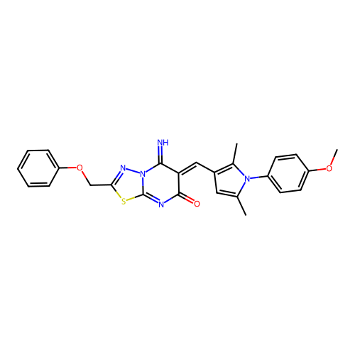 (6Z)-5-imino-6-[[1-(4-methoxyphenyl)-2,5-dimethylpyrrol-3-yl]methylidene]-2-(phenoxymethyl)-[1,3,4]thiadiazolo[3,2-a]pyrimidin-7-one structure