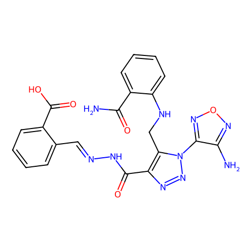(E)-2-((2-(1-(4-amino-1,2,5-oxadiazol-3-yl)-5-(((2-carbamoylphenyl)amino)methyl)-1H-1,2,3-triazole-4-carbonyl)hydrazono)methyl)benzoic acid structure