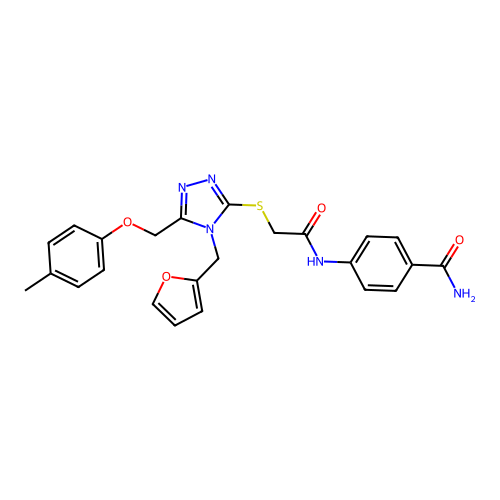 4-(2-((4-(furan-2-ylmethyl)-5-((p-tolyloxy)methyl)-4H-1,2,4-triazol-3-yl)thio)acetamido)benzamide structure