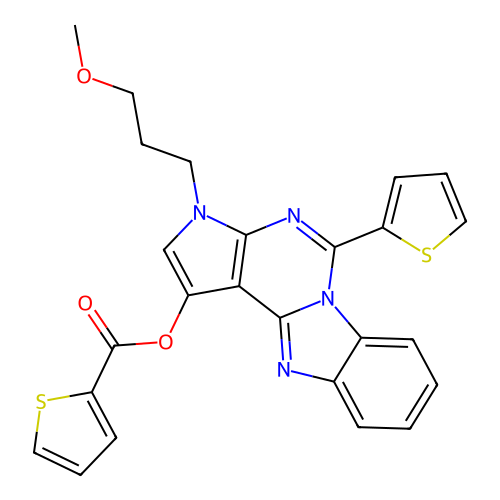 3-(3-methoxypropyl)-5-(thiophen-2-yl)-3H-benzo[4,5]imidazo[1,2-c]pyrrolo[3,2-e]pyrimidin-1-yl thiophene-2-carboxylate structure