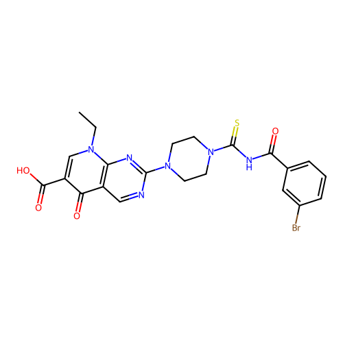 2-(4-((3-bromobenzoyl)carbamothioyl)piperazin-1-yl)-8-ethyl-5-oxo-5,8-dihydropyrido[2,3-d]pyrimidine-6-carboxylic acid structure