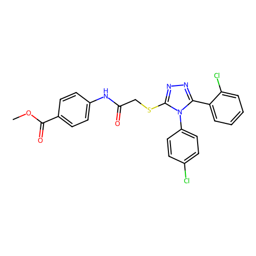 methyl 4-(2-((5-(2-chlorophenyl)-4-(4-chlorophenyl)-4H-1,2,4-triazol-3-yl)thio)acetamido)benzoate structure