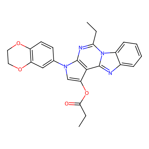 3-(2,3-dihydro-1,4-benzodioxin-6-yl)-5-ethyl-3H-pyrrolo[2',3':4,5]pyrimido[1,6-a]benzimidazol-1-yl propanoate structure