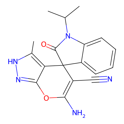 6'-amino-1-isopropyl-3'-methyl-2-oxo-1'H-spiro[indoline-3,4'-pyrano[2,3-c]pyrazole]-5'-carbonitrile structure