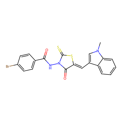 (Z)-4-bromo-N-(5-((1-methyl-1H-indol-3-yl)methylene)-4-oxo-2-thioxothiazolidin-3-yl)benzamide structure