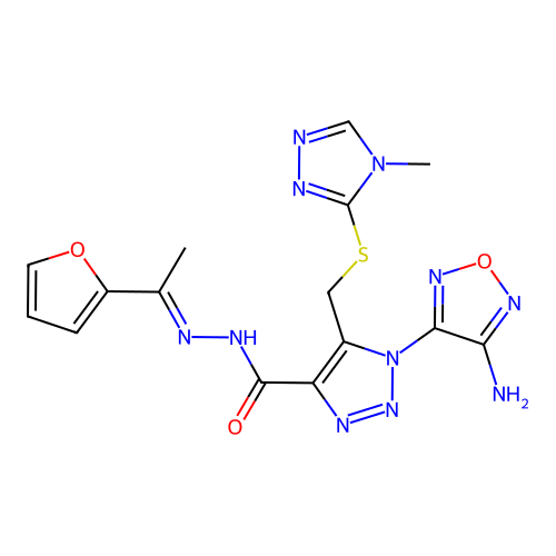 (E)-1-(4-amino-1,2,5-oxadiazol-3-yl)-N'-(1-(furan-2-yl)ethylidene)-5-(((4-methyl-4H-1,2,4-triazol-3-yl)thio)methyl)-1H-1,2,3-triazole-4-carbohydrazide structure