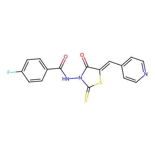 4-fluoro-N-[(5Z)-4-oxo-5-(pyridin-4-ylmethylidene)-2-thioxo-1,3-thiazolidin-3-yl]benzamide structure