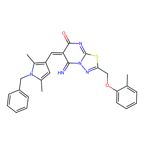 (6E)-6-[(1-benzyl-2,5-dimethylpyrrol-3-yl)methylidene]-5-imino-2-[(2-methylphenoxy)methyl]-[1,3,4]thiadiazolo[3,2-a]pyrimidin-7-one structure