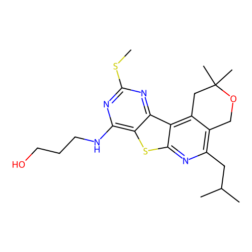 3-((5-isobutyl-2,2-dimethyl-10-(methylthio)-2,4-dihydro-1H-pyrano[4'',3'':4',5']pyrido[3',2':4,5]thieno[3,2-d]pyrimidin-8-yl)amino)propan-1-ol structure