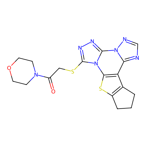 2-((11,12-dihydro-10H-cyclopenta[4,5]thieno[3,2-e]bis([1,2,4]triazolo)[4,3-a:1',5'-c]pyrimidin-7-yl)thio)-1-morpholinoethanone structure