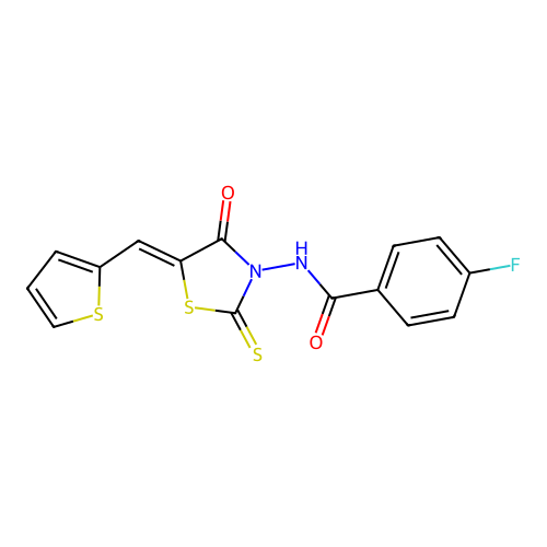 (Z)-4-fluoro-N-(4-oxo-5-(thiophen-2-ylmethylene)-2-thioxothiazolidin-3-yl)benzamide structure