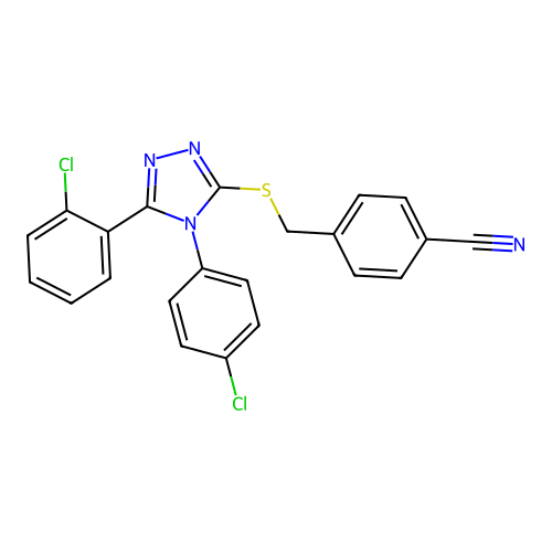 4-[[5-(2-chlorophenyl)-4-(4-chlorophenyl)-1,2,4-triazol-3-yl]sulfanylmethyl]benzonitrile structure