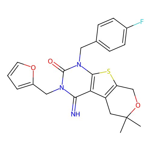 1-[(4-fluorophenyl)methyl]-3-(2-furanylmethyl)-4-imino-6,6-dimethyl-5,8-dihydropyrano[2,3]thieno[2,4-b]pyrimidin-2-one structure