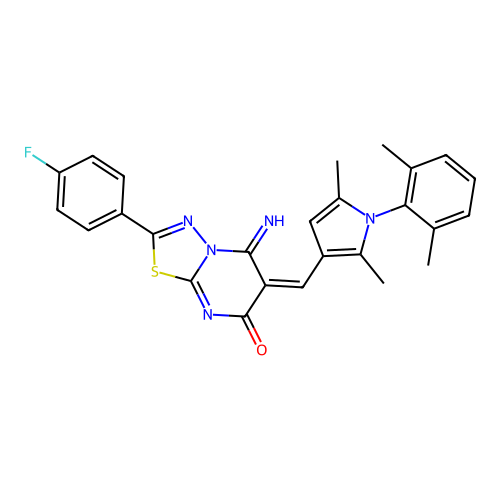 (E)-6-((1-(2,6-dimethylphenyl)-2,5-dimethyl-1H-pyrrol-3-yl)methylene)-2-(4-fluorophenyl)-5-imino-5H-[1,3,4]thiadiazolo[3,2-a]pyrimidin-7(6H)-one structure