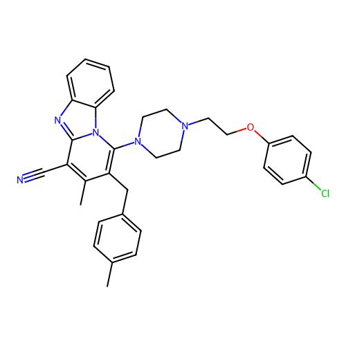 1-(4-(2-(4-chlorophenoxy)ethyl)piperazin-1-yl)-3-methyl-2-(4-methylbenzyl)benzo[4,5]imidazo[1,2-a]pyridine-4-carbonitrile structure