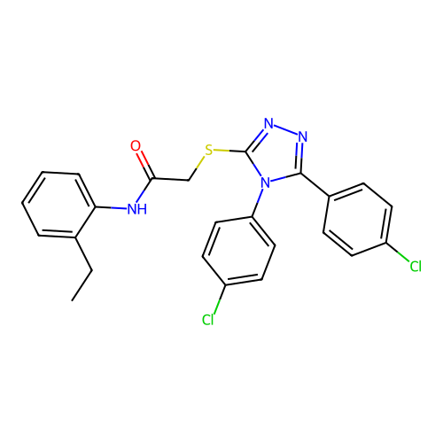 2-[[4,5-bis(4-chlorophenyl)-1,2,4-triazol-3-yl]sulfanyl]-N-(2-ethylphenyl)acetamide structure
