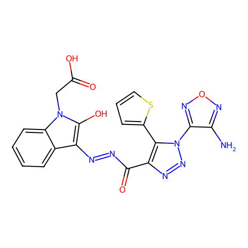 (Z)-2-(3-(2-(1-(4-amino-1,2,5-oxadiazol-3-yl)-5-(thiophen-2-yl)-1H-1,2,3-triazole-4-carbonyl)hydrazono)-2-oxoindolin-1-yl)acetic acid structure