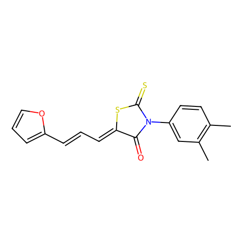 5-((2E)-3-(2-furyl)prop-2-enylidene)-3-(3,4-dimethylphenyl)-2-thioxo-1,3-thiaz olidin-4-one structure