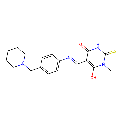 (5E)-1-methyl-5-[[4-(piperidin-1-ylmethyl)anilino]methylidene]-2-sulfanylidene-1,3-diazinane-4,6-dione structure