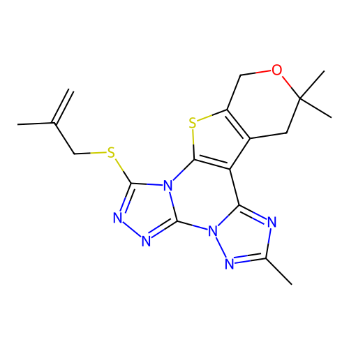 2,12,12-trimethyl-7-((2-methylallyl)thio)-12,13-dihydro-10H-pyrano[4',3':4,5]thieno[3,2-e]bis([1,2,4]triazolo)[4,3-a:1',5'-c]pyrimidine structure